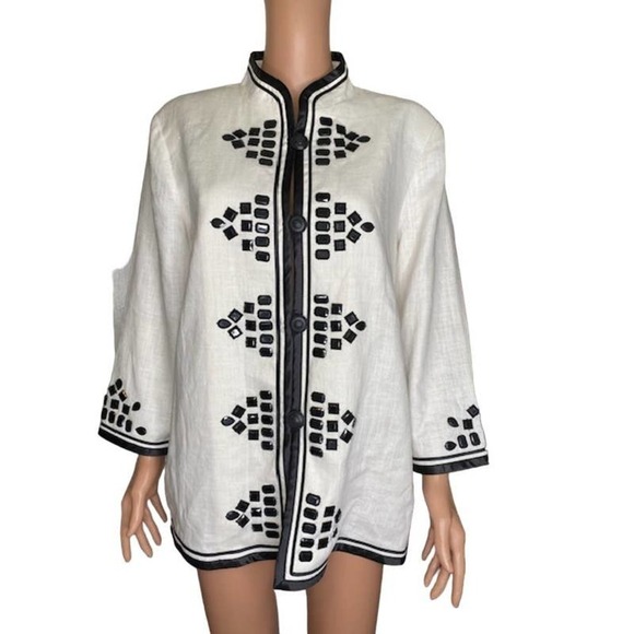 Linea by Louis Dell'Olio Linen Jacket Large 4 Button Embroidered Lined 3/4 Sleev - Picture 9 of 9